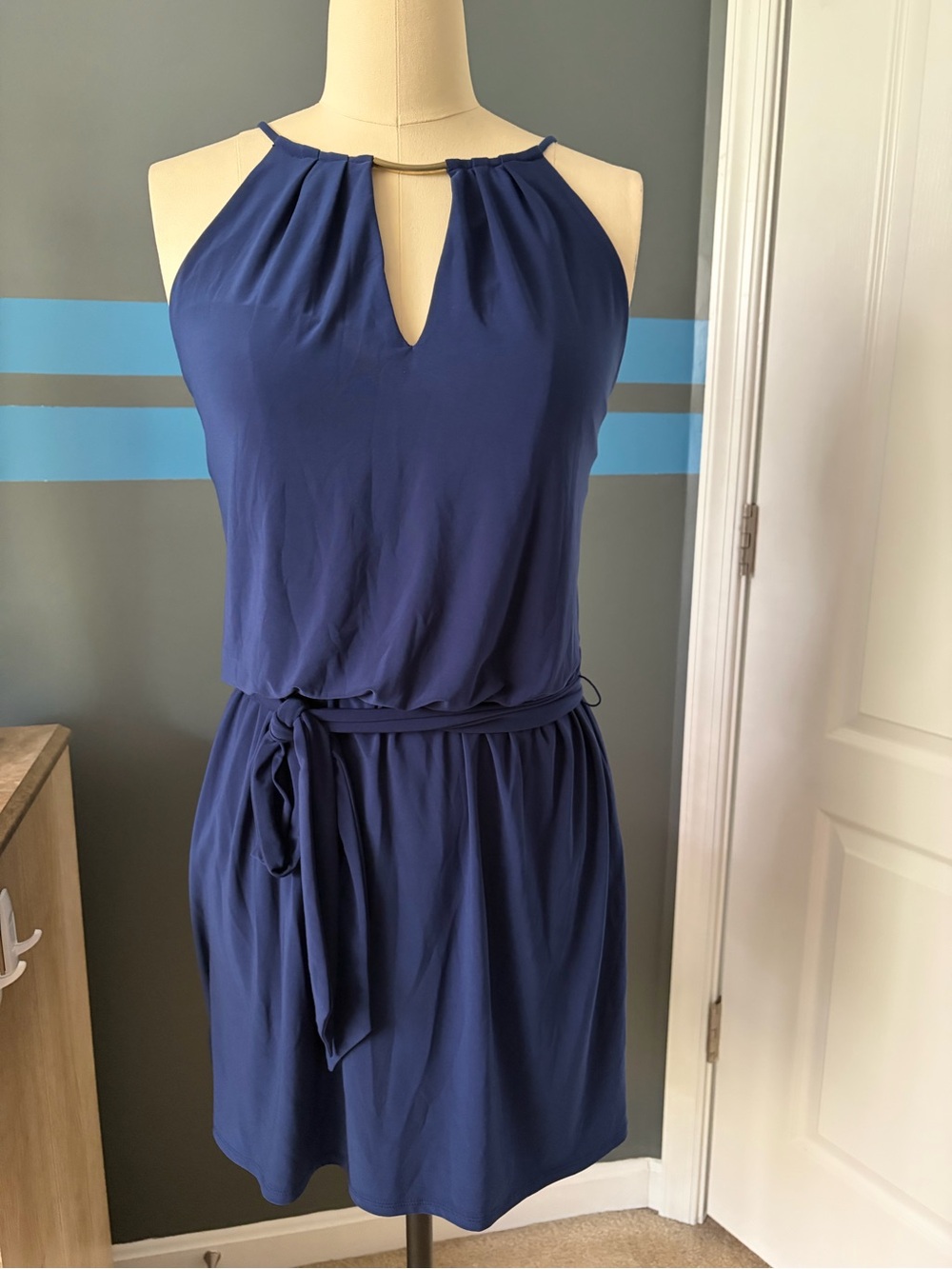 White House Black Market Navy Sleeveless Dress with Tie Detail